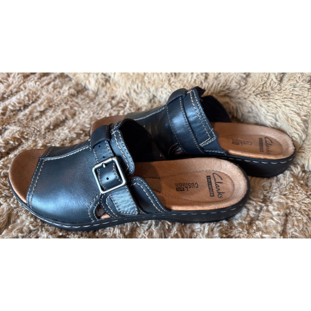 Clarks Women's Navy Leather Slide Sandals Buckle Contrast Stitch Comfort 7 M